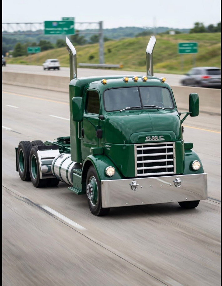 Classic green GMC COE cab-over-engine semi truck driving on a highway