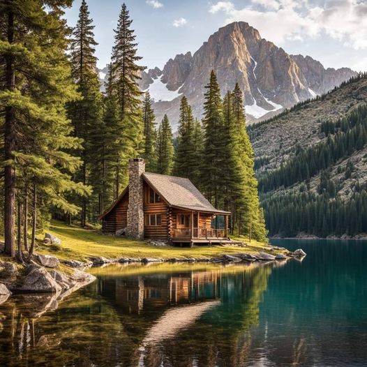 Rustic log cabin beside turquoise mountain lake surrounded by pine trees and rocky peaks