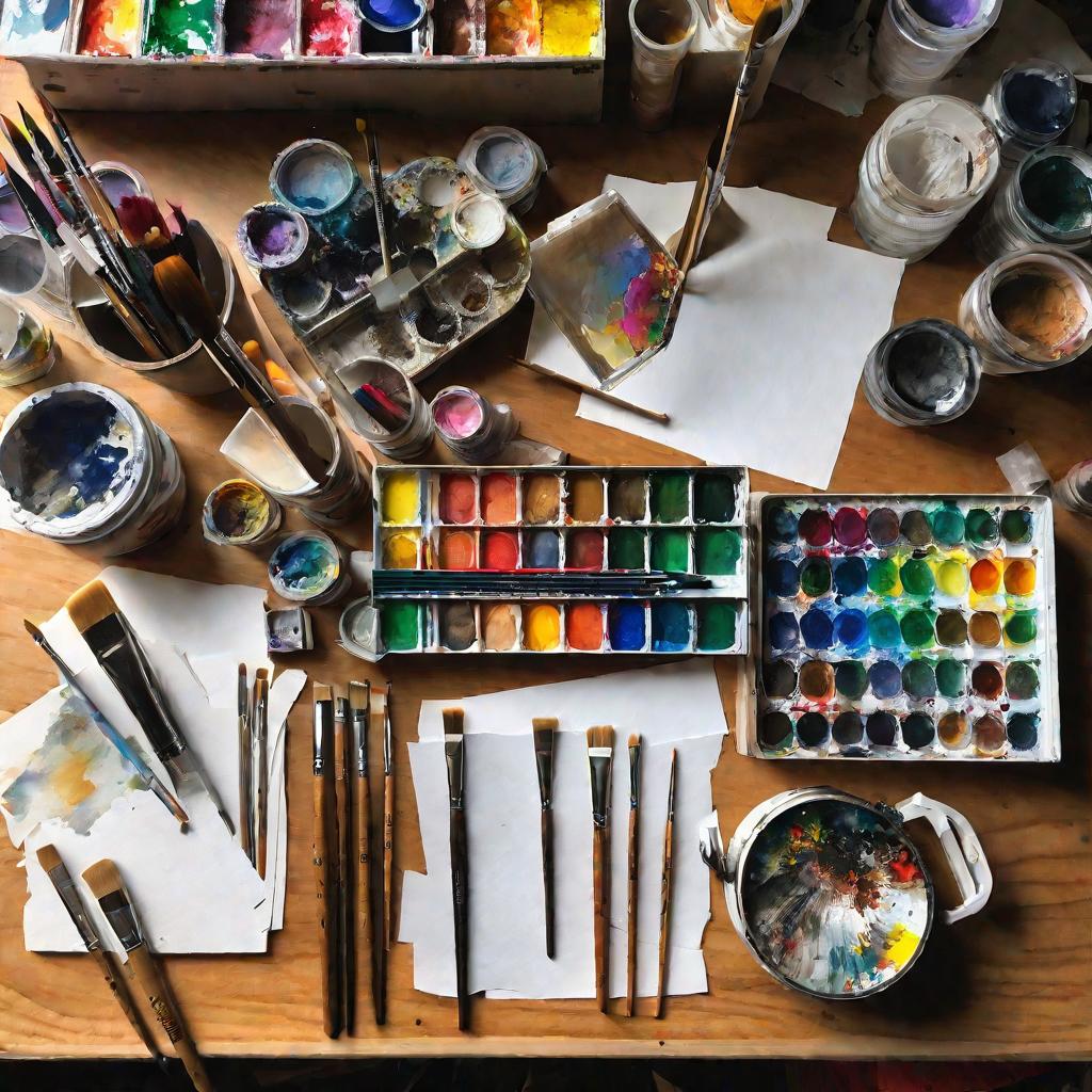 Overhead photo of watercolor paints, brushes, jars, and paper on a wooden table