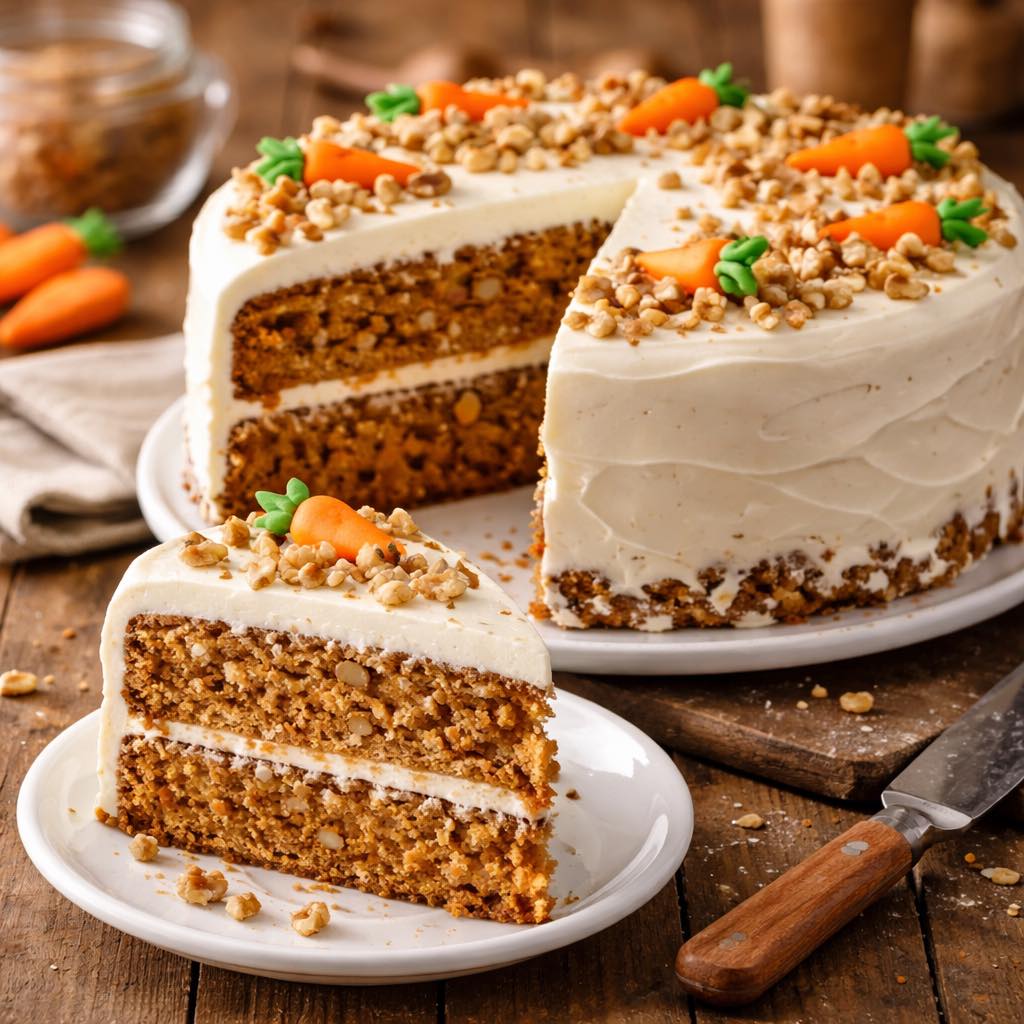 Layered carrot cake with white frosting, chopped nuts, and carrot-shaped decorations on plates