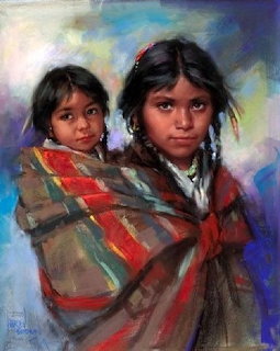 Pastel painting of two Native American children, older girl carrying younger child in a striped blanket