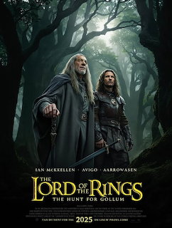 Two hooded figures in dark robes standing in a foggy forest with sunlight streaming through gnarled tree branches