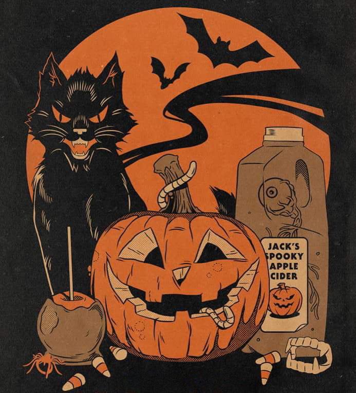Black cat beside a jack-o'-lantern, cider jug, bats, candy, and orange moon in a vintage Halloween illustration.