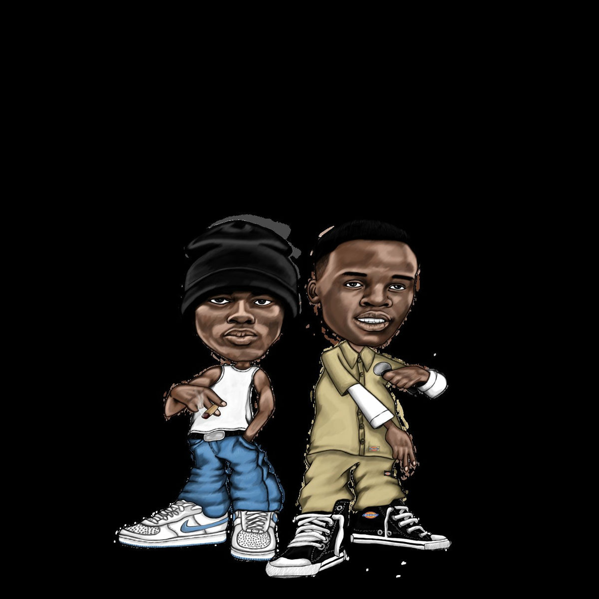 Cartoon illustration of two hip hop characters in streetwear and sneakers on a black background