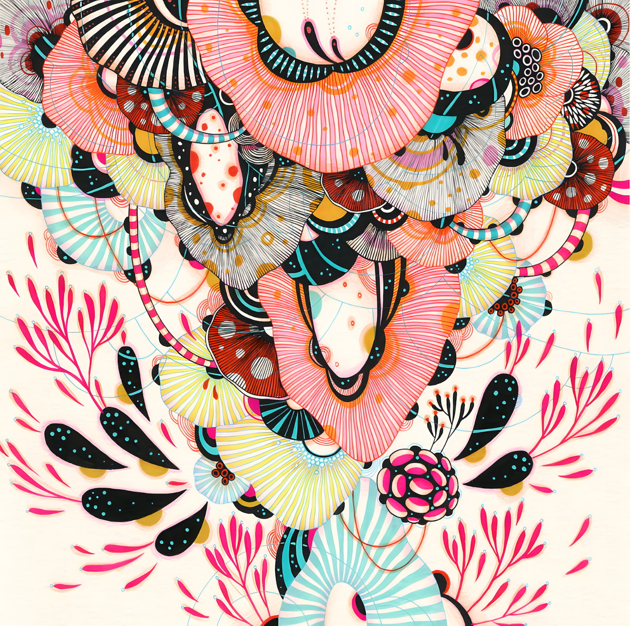 Abstract painting with layered fan-shaped forms in coral, yellow, and aqua with decorative dots and radiating patterns