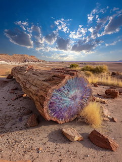 Petrified wood log with colorful purple cross-section in Arizona desert under blue sky with clouds