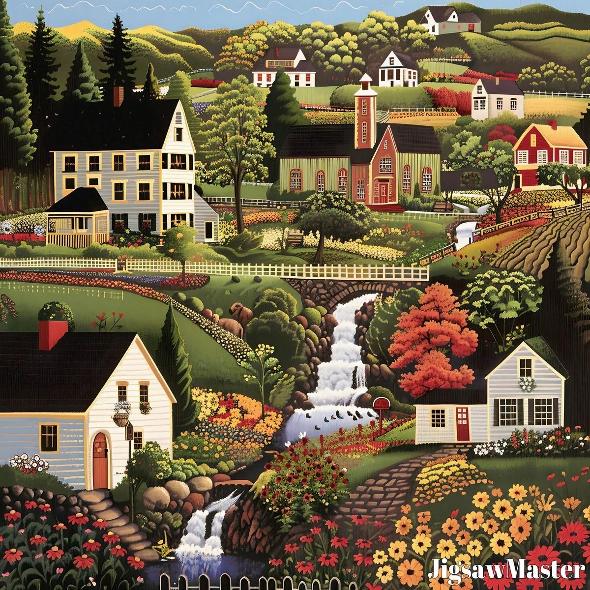 Colorful folk art painting of a hilly village with houses, church, waterfall, and gardens.