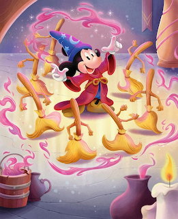 Mickey Mouse in sorcerer outfit surrounded by swirling magical ribbons and animated brooms with sparkles