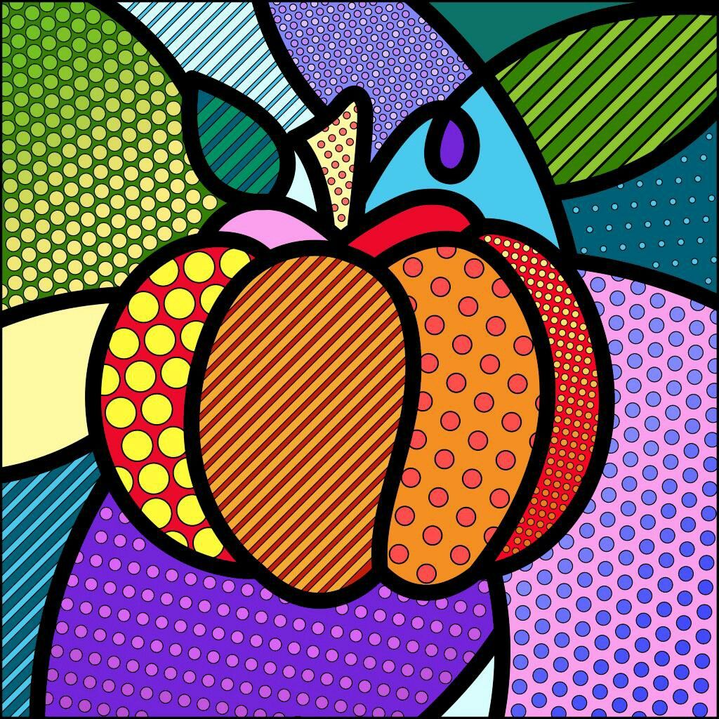 Colorful pop art pumpkin with geometric patterns and bold outlines