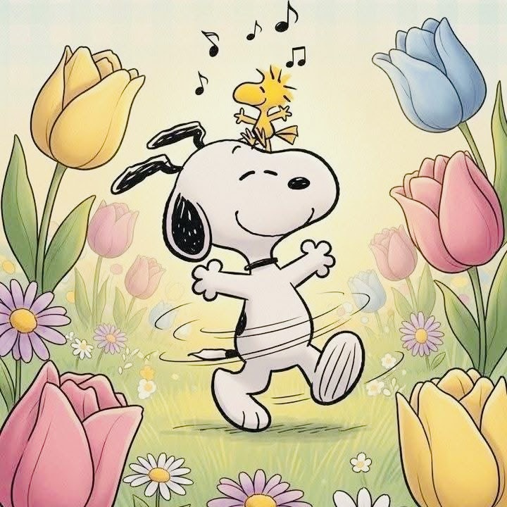 Cartoon Snoopy walking in tulip garden with yellow bird Woodstock singing, musical notes above
