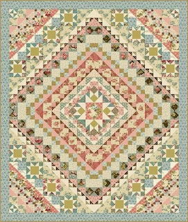Vintage quilt with concentric diamond geometric patterns in pastel colors and floral motifs