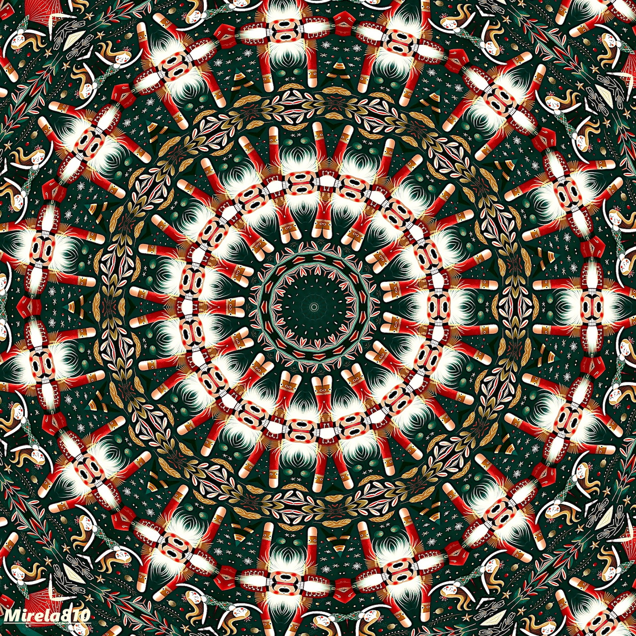Circular mandala with intricate symmetrical ornate patterns in red, white, green and black