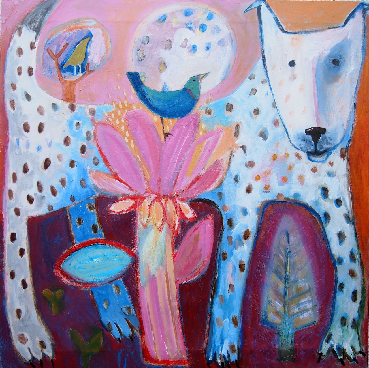 Naive folk art painting of white dog with blue spots, birds, pink flower pot, and blue moon on colorful background