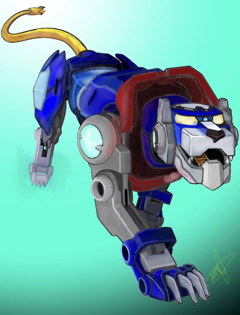 Blue mechanical lion robot crouching, with silver armor joints and a yellow tail, Voltron-style illustration