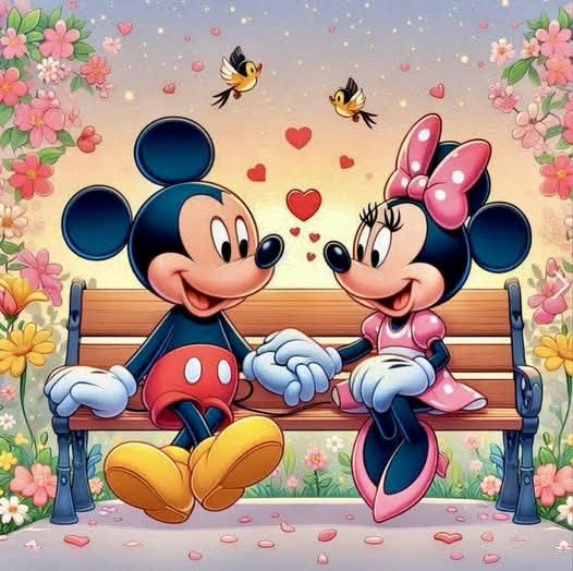 Mickey Mouse and Minnie Mouse sitting on a bench holding hands with flowers and butterflies around them