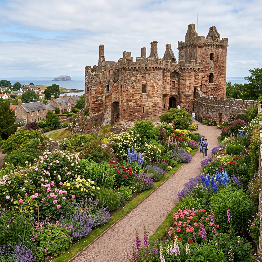 Medieval castle ruins with red stone walls surrounded by vibrant garden beds full of colorful flowers and green plants