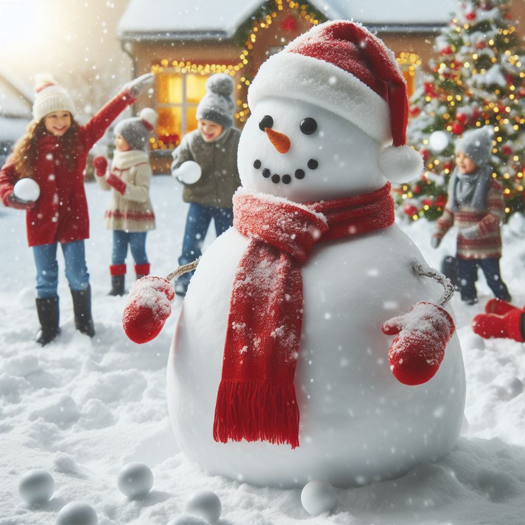 Snowman in red scarf and Santa hat in a snowy yard with children and a Christmas tree