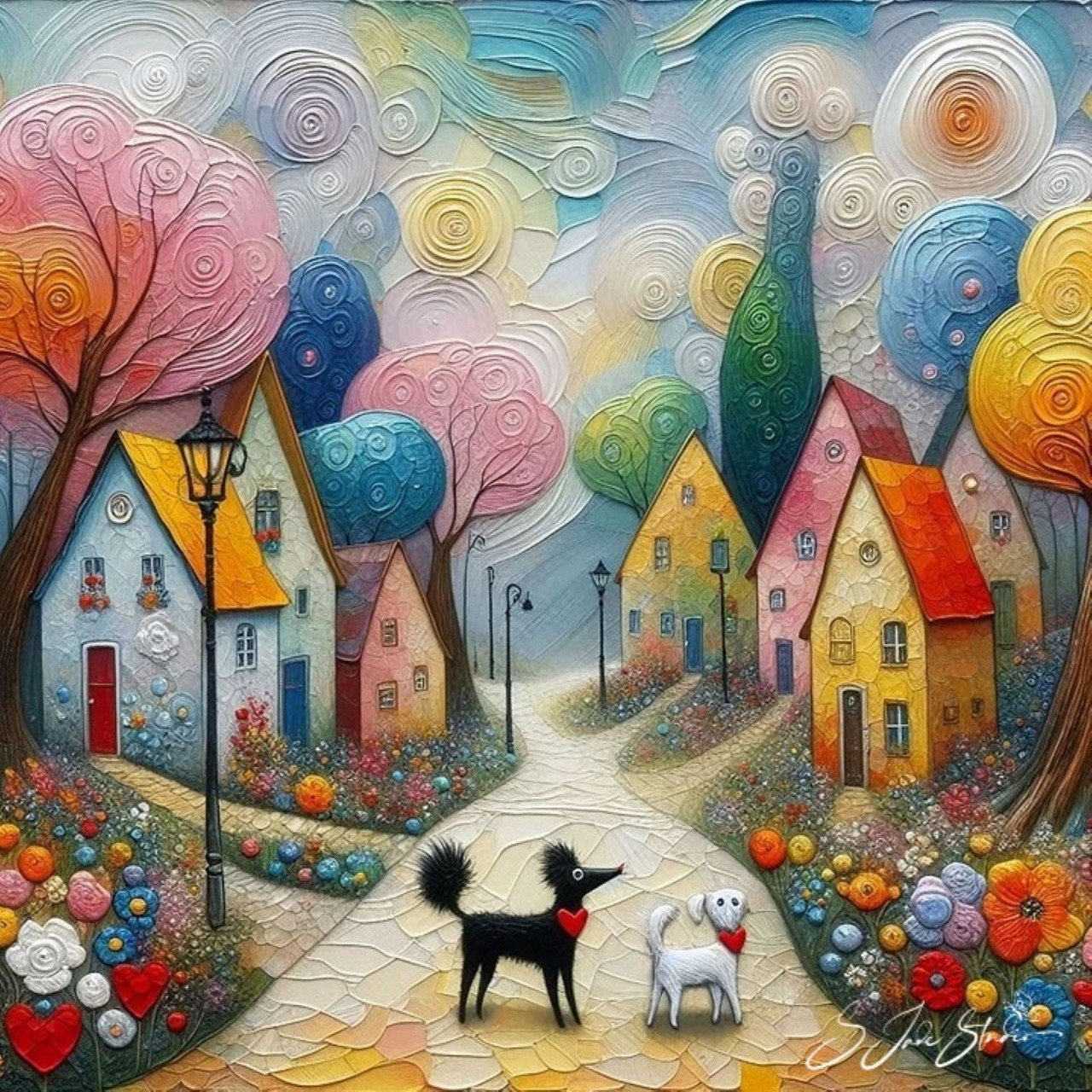 Two dogs on village path with colorful houses and swirling decorative trees