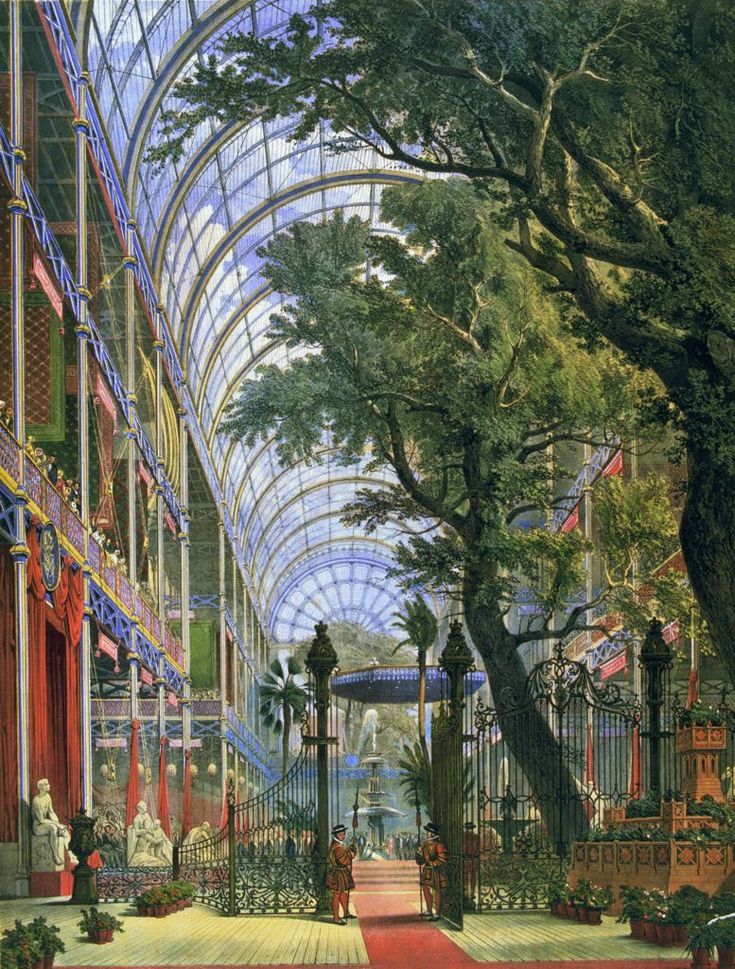 Painting of Crystal Palace interior with glass vaulted ceiling, tall trees, flags, and iron galleries