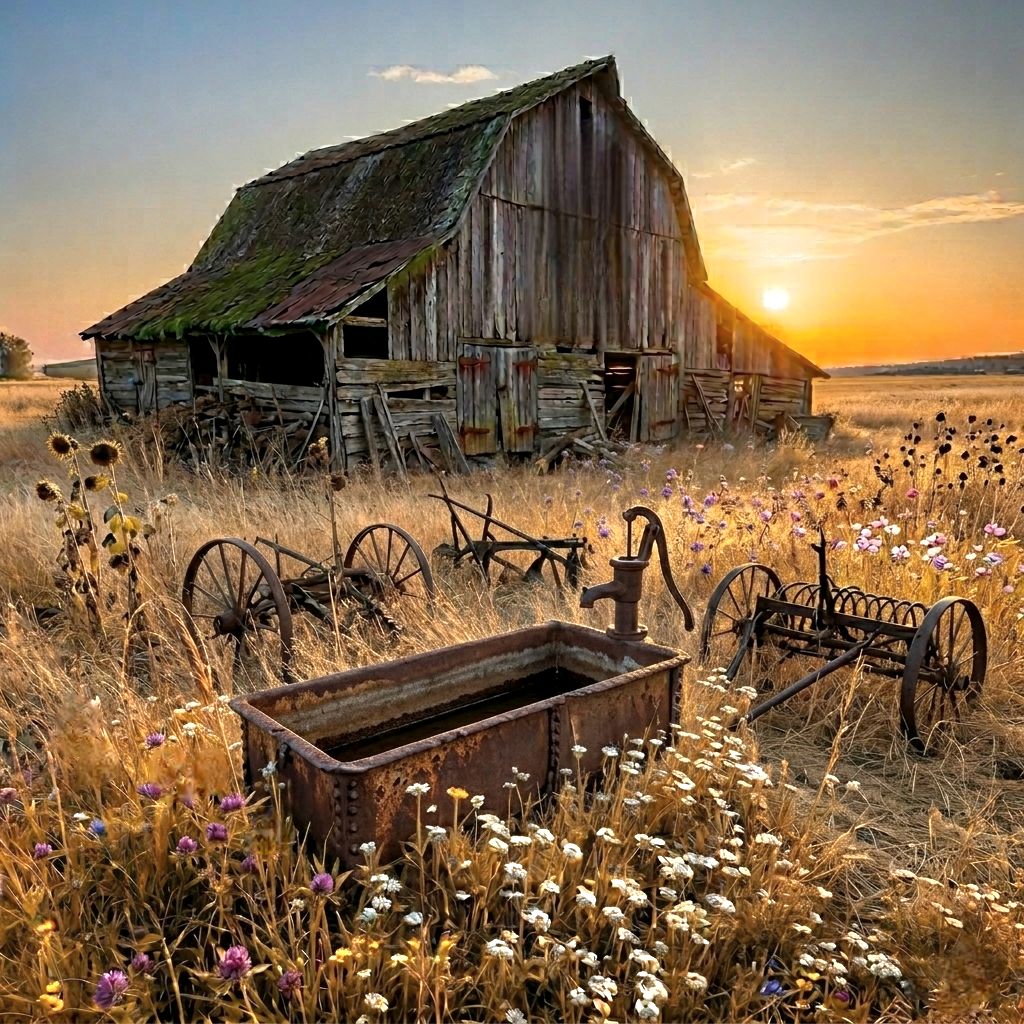 Old wooden barn with rusty farm equipment in wildflower field at sunset