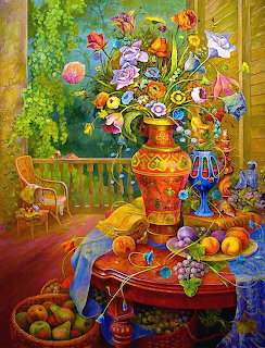 Colorful painting of flowers in a vase on a table with fruit on a garden veranda