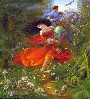 Fantasy painting of a woman in a red dress holding an orb in a forest with a rider on a white horse