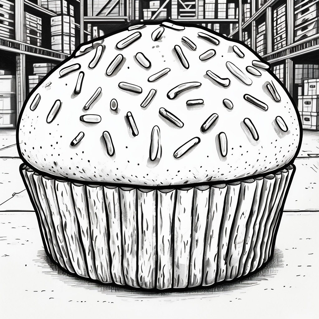 Black and white drawing of a sprinkled muffin in front of a detailed shop interior