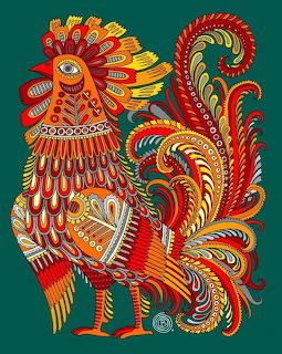 Colorful ornamental rooster illustration with elaborate swirling feather patterns on a teal background