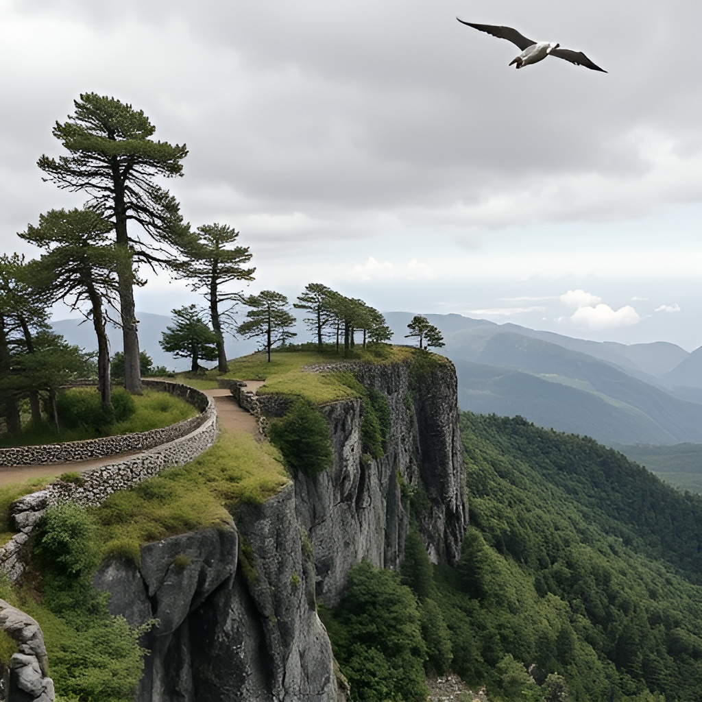Rocky cliff path with pine trees above forested mountains under a cloudy sky