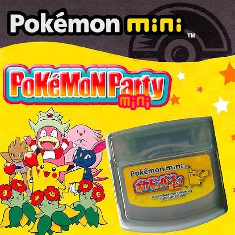 Pokemon Party Mini video game box art with cartoon Pokemon characters and yellow cartridge