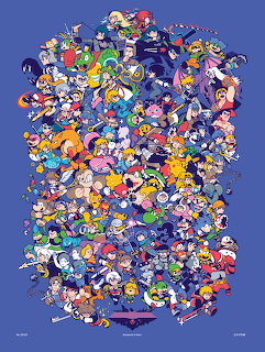 Large group illustration of Super Smash Bros video game characters clustered together on purple background