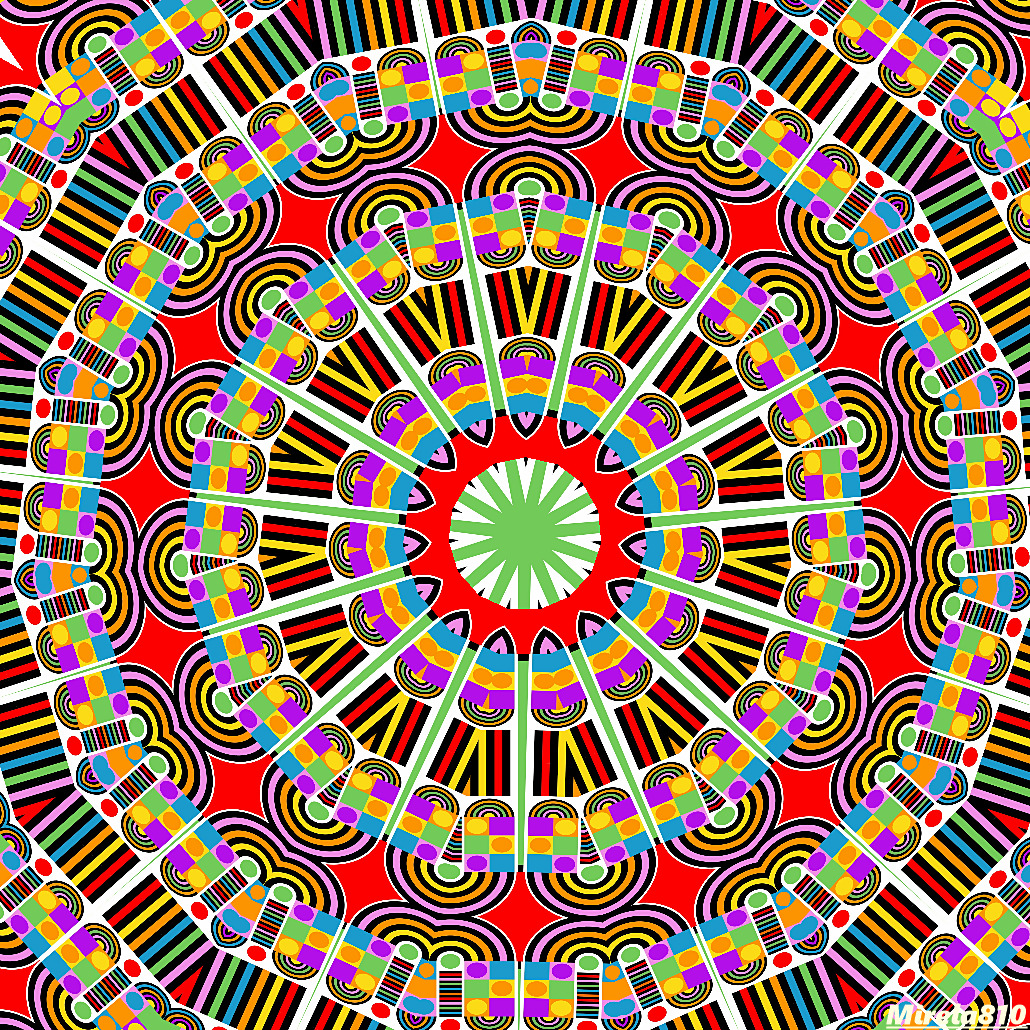 Vibrant geometric mandala with concentric circles in red, yellow, blue, and multicolored patterns radiating from green center