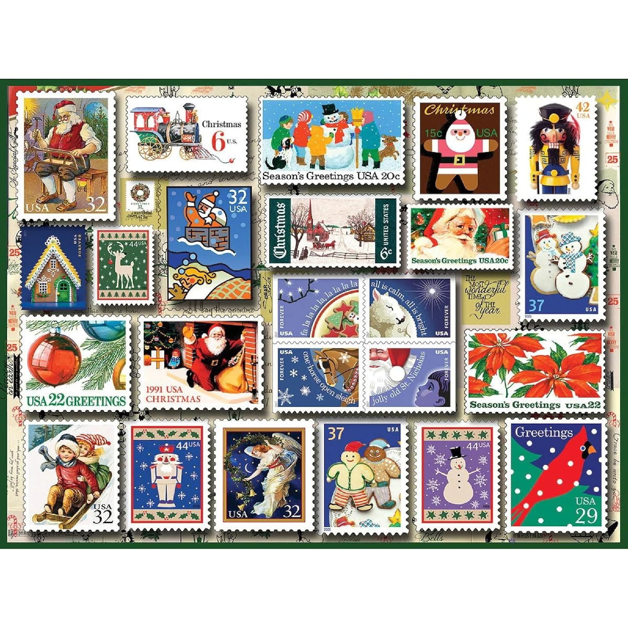 Collage of vintage Christmas postage stamps with Santa, snowmen, ornaments and holiday imagery