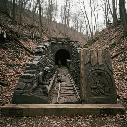 Stone mine tunnel entrance with tracks, miner statue, and carved stump in a forest