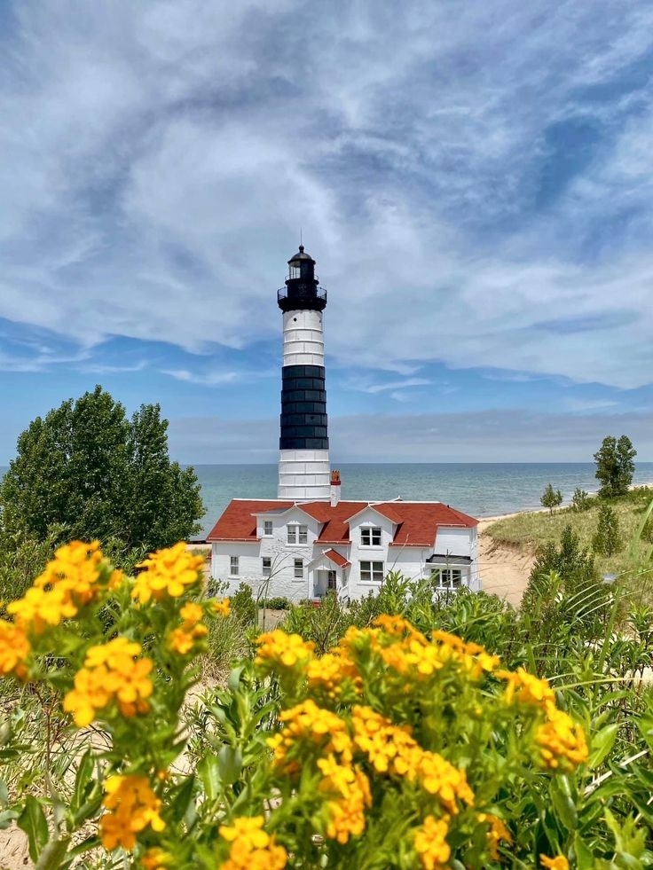 Black and white striped lighthouse with red roof behind yellow flowers on a sandy lakeshore