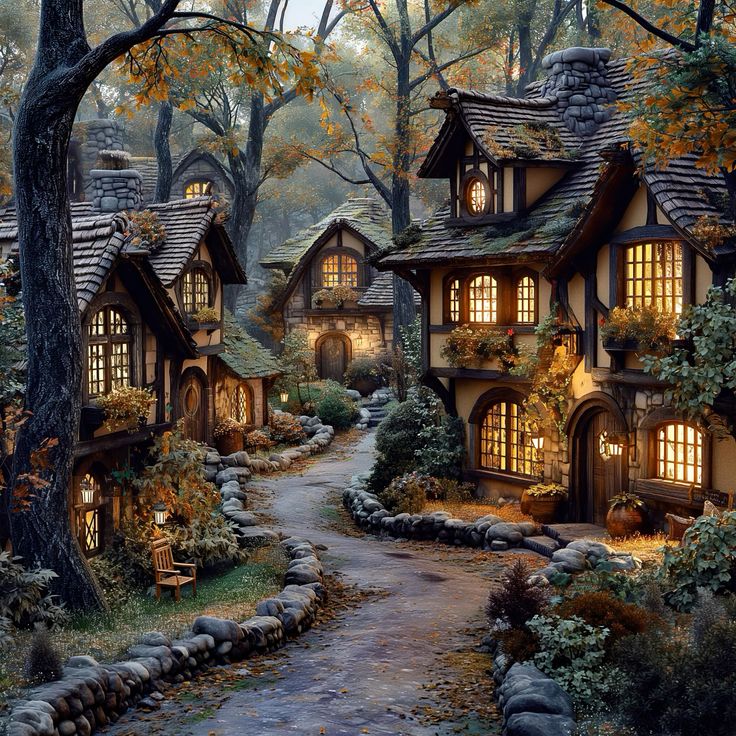 Fantasy village with illuminated cottages along winding path surrounded by autumn trees
