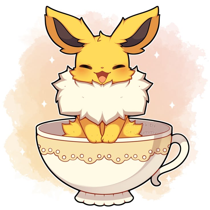 Jolteon Pokémon character sitting in an ornate teacup with fluffy cream collar, yellow fur, and pointed ears