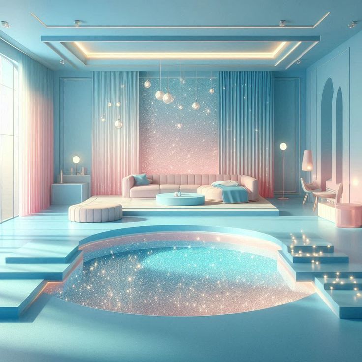 Surreal pastel spa room with a glowing indoor pool, steps, and lounge seating