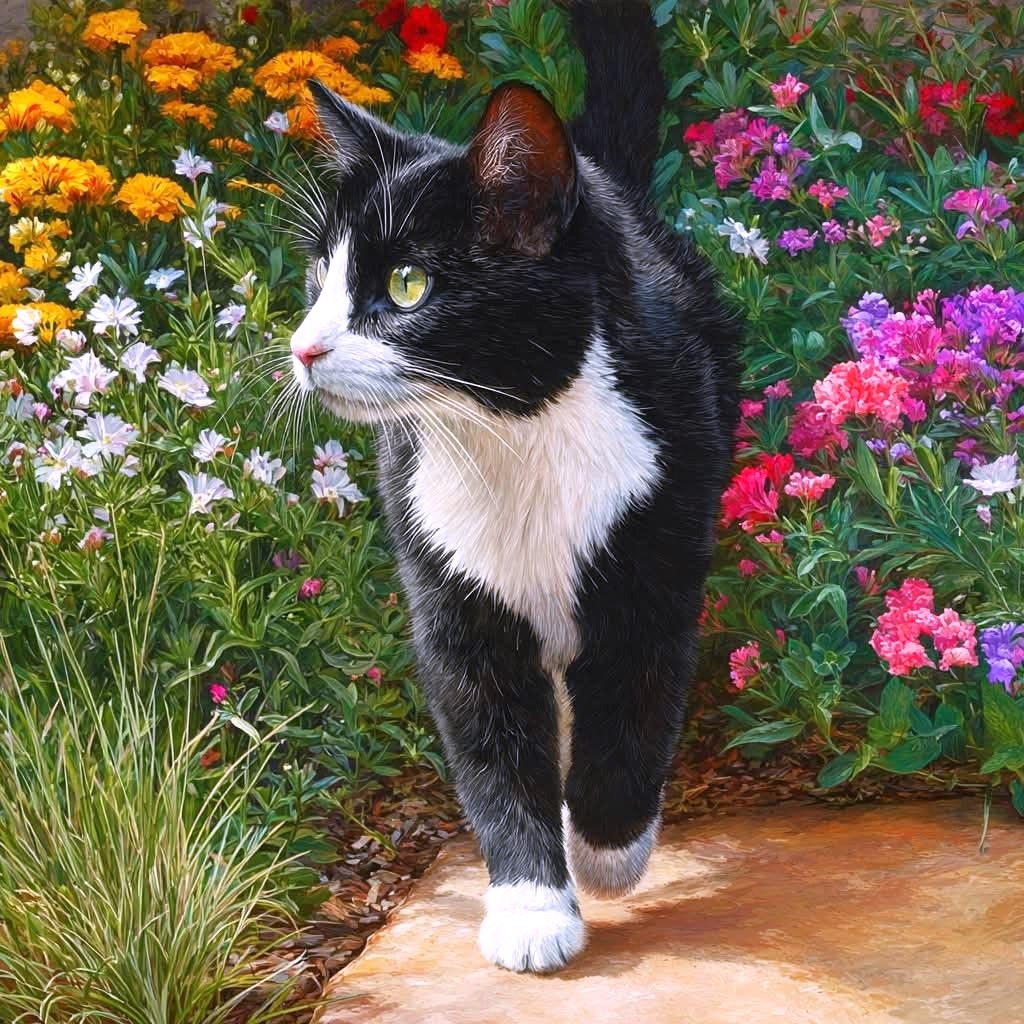 Black and white tuxedo cat standing in a colorful flower garden with orange, pink, and white blooms