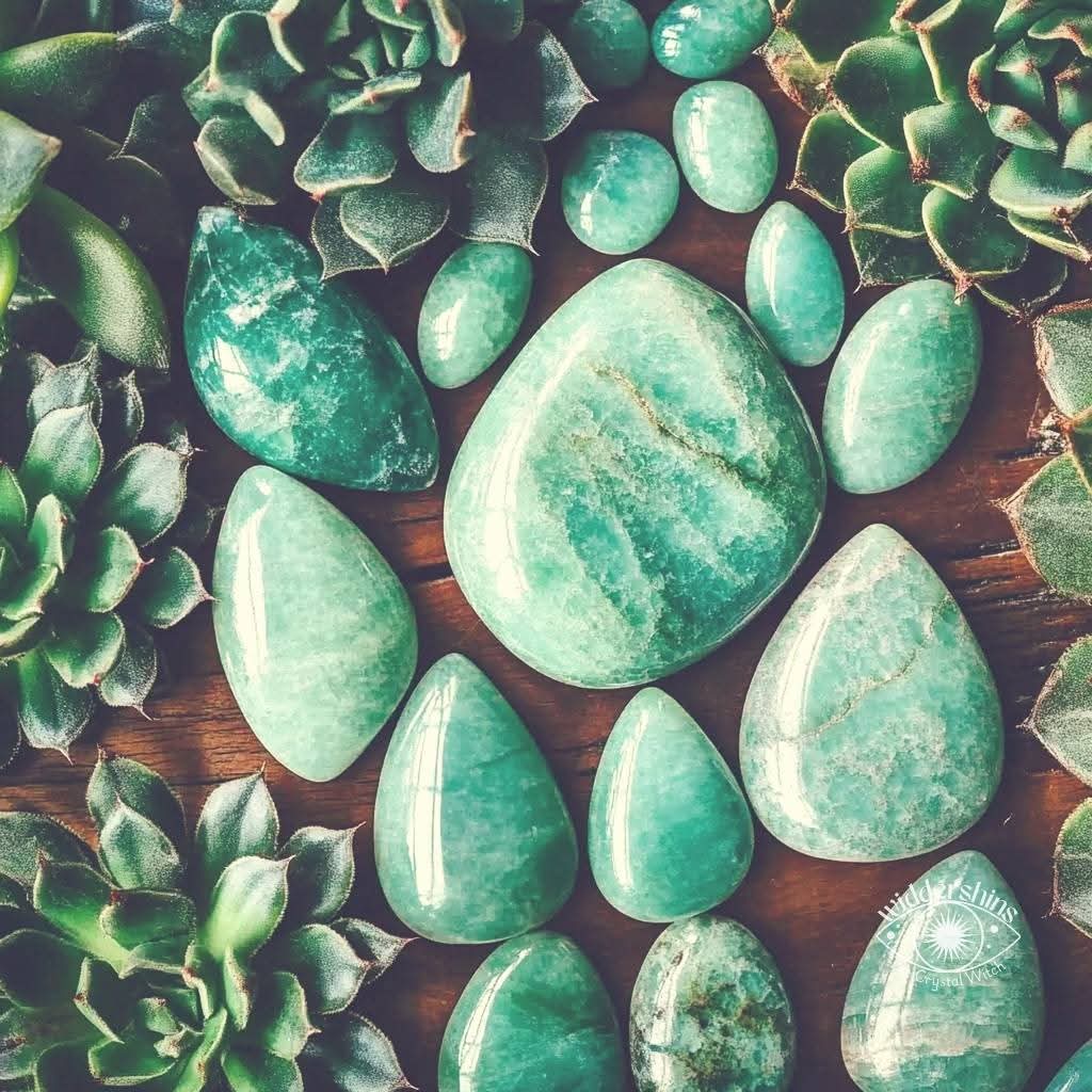 Polished green stones arranged among succulent plants on a wooden surface