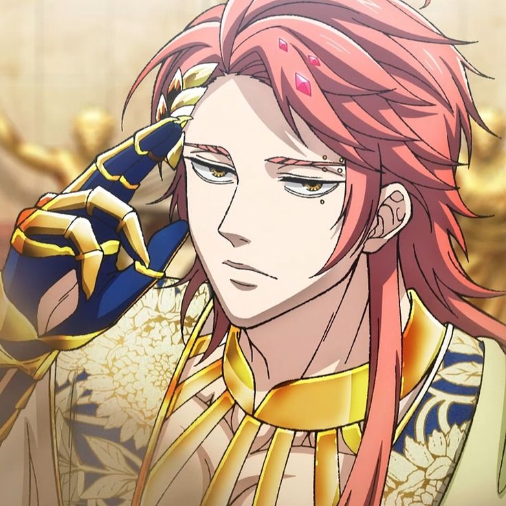 Anime portrait of character with pink hair wearing gold and blue ornate clothing