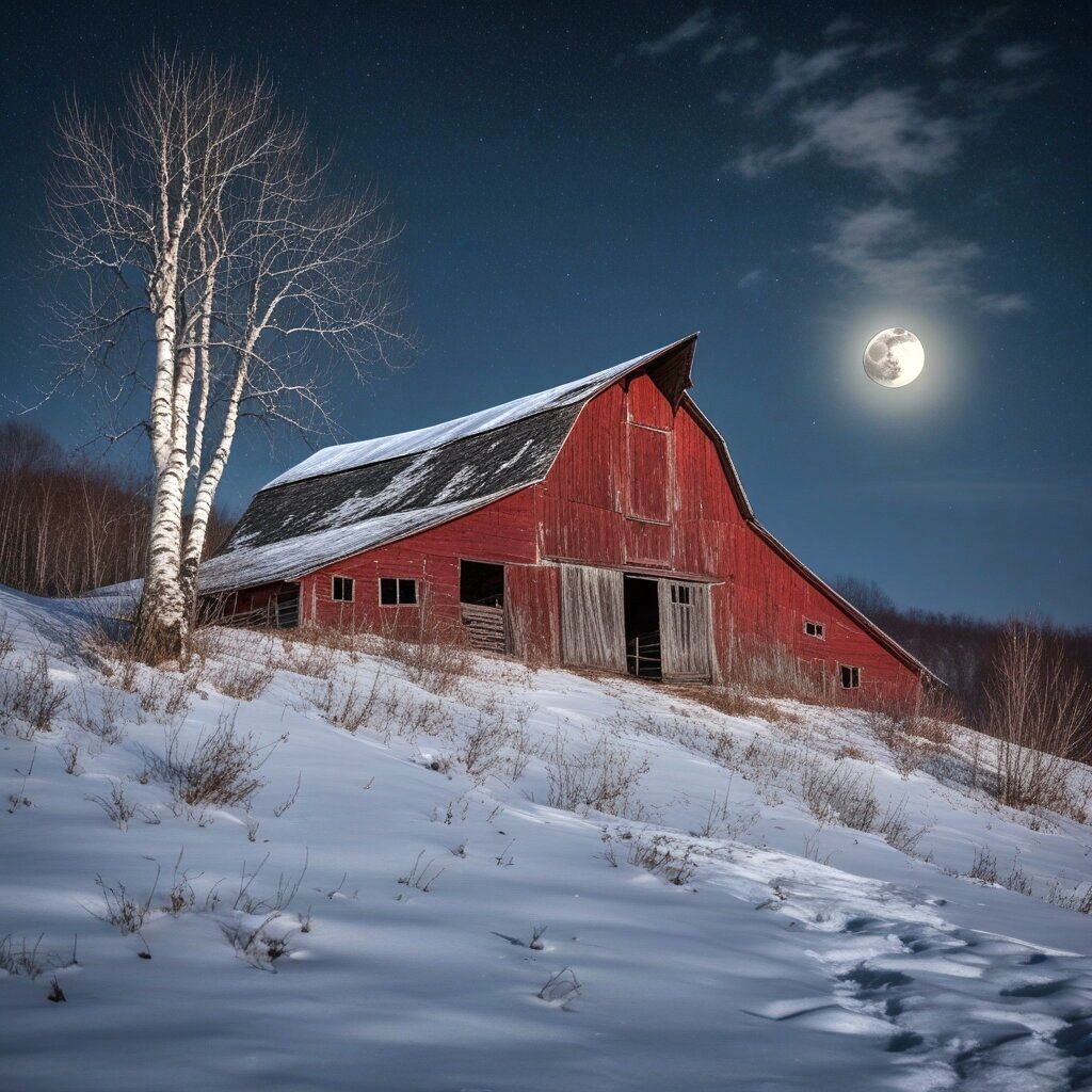 Old red barn on a snowy hill at night with a bright moon and bare trees