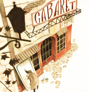 Watercolor illustration of a European cabaret building with vintage sign, street lamp, and cobblestones
