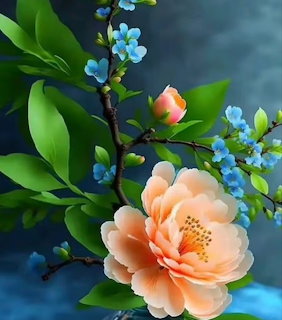 Digital painting of a peach peony flower with green leaves and small blue blossoms on a dark blue background