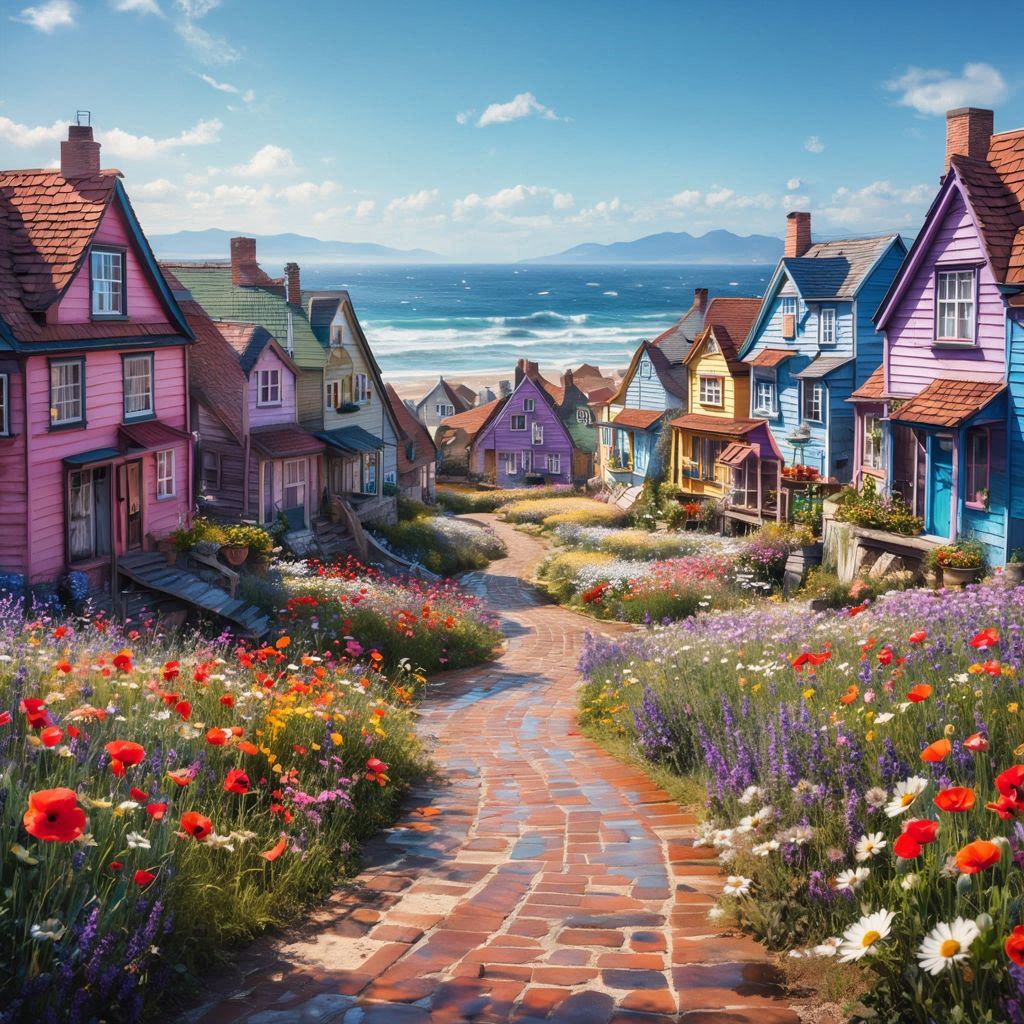 Colorful painted village cottages with flower gardens and a brick path leading toward the sea