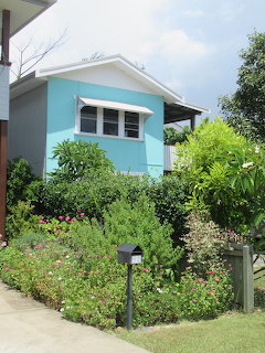 Light blue cottage behind a dense garden with shrubs, flowers, and a small lamp by the path
