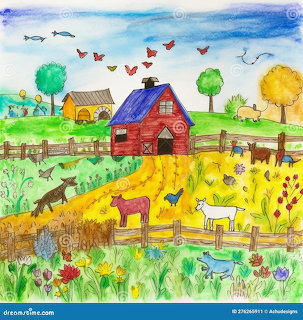 Watercolor Farm Animals Scene