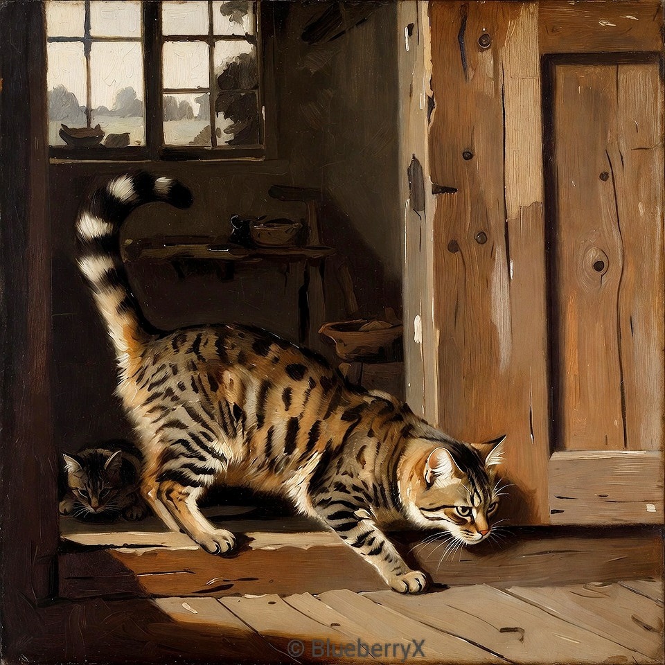 Spotted cat walking on a wooden floor in a rustic room