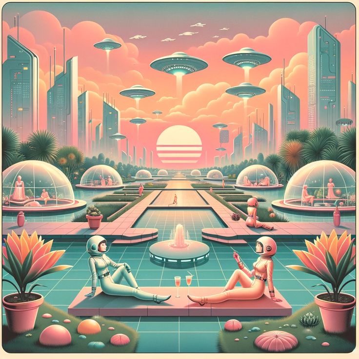 Retro futuristic city with pink sunset, UFOs, domes, and palm trees in pastel vaporwave style