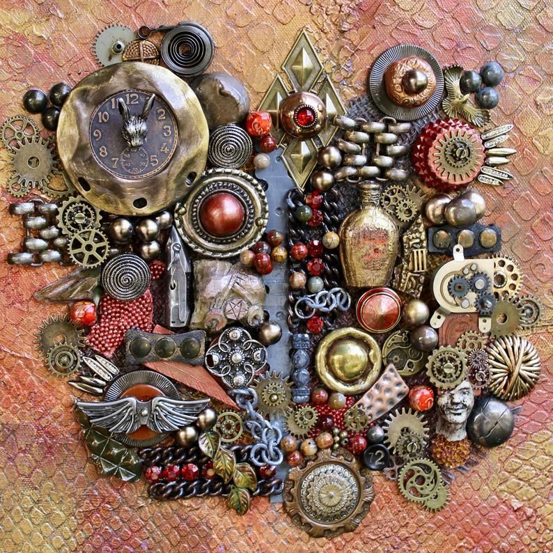 Collage of steampunk gears, keys, chains, beads, and vintage mechanical ornaments on textured surface